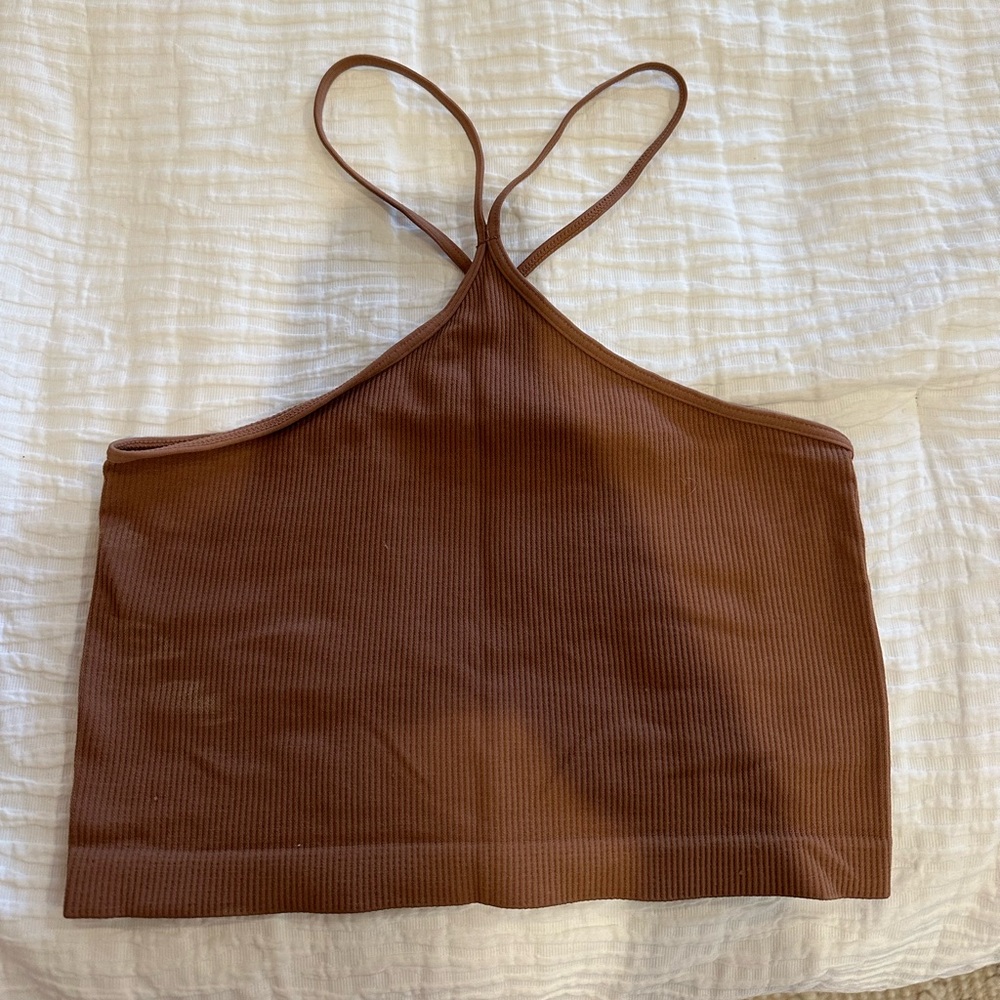 Halter neck brown ribbed cropped tank top